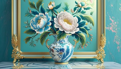 Wall Mural - A large vase with porcelain floral patterns with peony and green leaves and branches is on the table in front of the mirror, and the wallpaper is light blue.