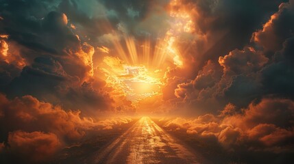 Wall Mural - Detailed close-up of a road leading upwards into the sky, with rays of light breaking through the clouds in a divine scene