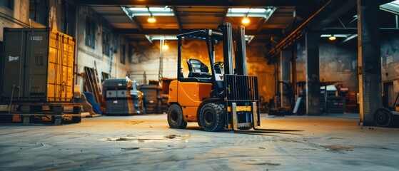 forklift truck with nobody parked inside a warehouse