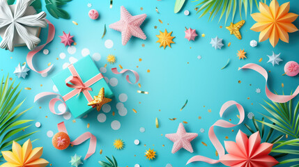 Summer-themed gift box on a blue background with summer elements, creating a vibrant vector banner design