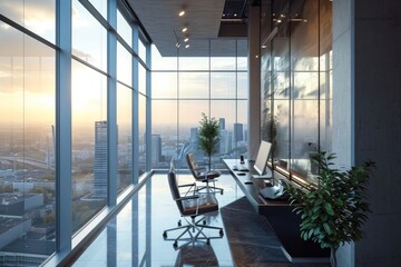 Poster - A modern office decoration with a large window and a table with chairs and a plant on it, AI-generated