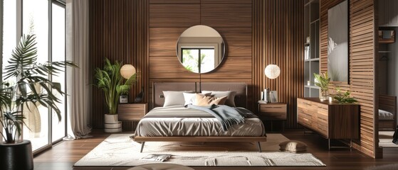 Canvas Print - modern and contemporary bedroom with dark wood and grey tones, mid-century inspired