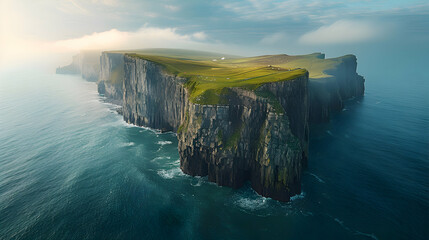 Wall Mural - A serene nature cliff scene with a lighthouse perched on the edge, the vast ocean stretching out below