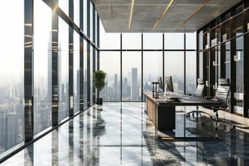 Poster - A modern office decoration with a large window and a table with chairs and a plant on it, AI-generated