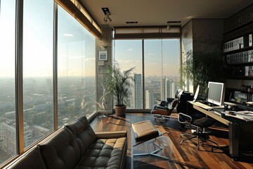 Poster - A modern office decoration with a large window and a table with chairs and a plant on it, AI-generated