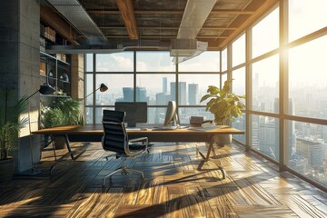 Poster - A modern office decoration with a large window and a table with chairs and a plant on it, AI-generated