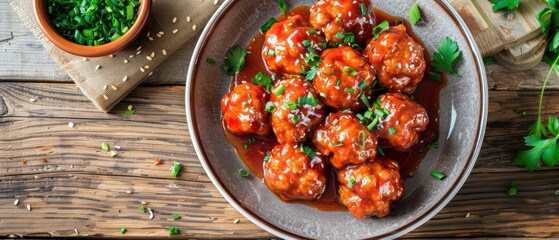 fish meatballs cooked in red sauce on a wooden table, wallpaper closeup on a professional setting and nice depth with a blurred background