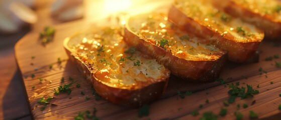 Wall Mural - garlic bread grilled cheese wallpaper closeup on a professional setting, nice depth with a blurred background