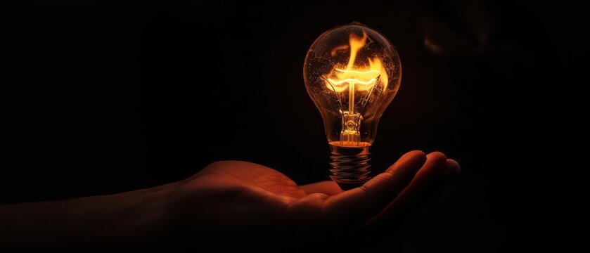 hand holding a light bulb on fire isolated on a black background