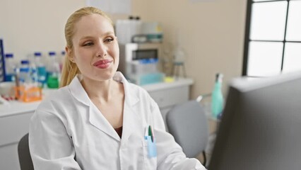 Wall Mural - Laughs out loud! young, cheerful, blonde scientist in lab uniform, joyfully laughing hard at a funny joke while on computer