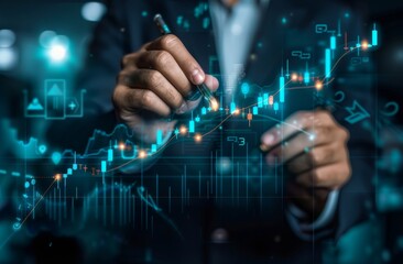 Wall Mural - Businessman drawing a rising stock market graph on a virtual screen with chalk, depicting a digital financial chart showing growth and prosperity.