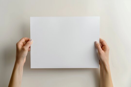 Blank Canvas: Hands Holding a Large Sheet of Paper on a White Background, Offering a Clean Slate for Creativity and Design.