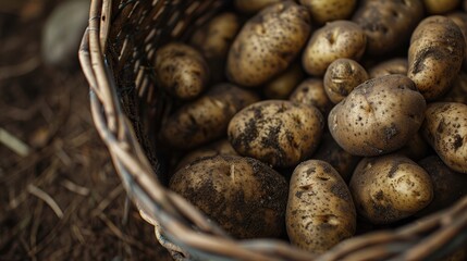 Wall Mural - A detailed photograph of fresh organic potatoes taken up close while they are still coated in fertile soil and gathered in a traditional woven basket
