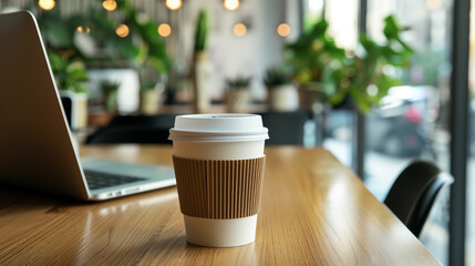 Poster - recyclable cup of coffee with laptop on the table in modern office, coffee break at work 
