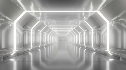 Poster - White Futuristic Tunnel with Neon Lights for Sci-Fi and Technology