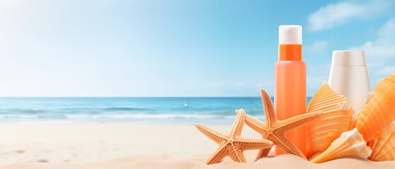 Wall Mural - Sunscreen Bottles and Beach Accessories on White Sand with Starfish