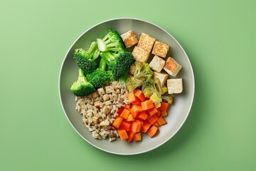 Wall Mural - Vegan Wellness: Savor the Goodness of a Macrobiotic Grain Bowl, Complete with Brown Rice, Steamed Vegetables, and Tofu, Set on a Refreshing Green Background with Copy Space.
