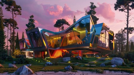 Wall Mural - A futuristic house with glass walls and colorful geometric shapes, trees in front of it, pink sky, blue hour, hyper realistic and detailed