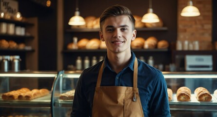 Poster - young guy cashier on bakery cafe background