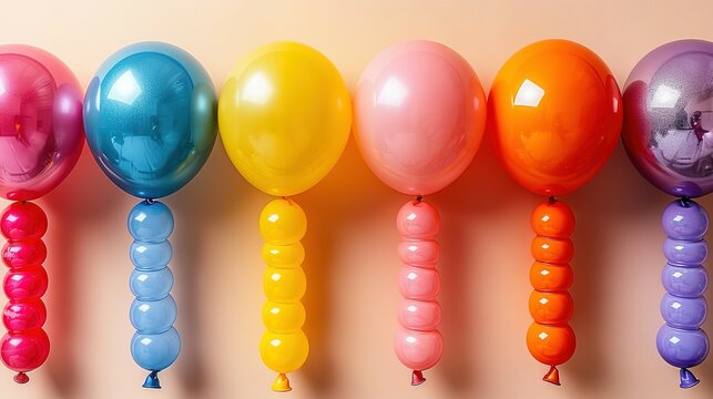 Rainbow Revelry: Balloons and Drinking Tubes Dance on Beige