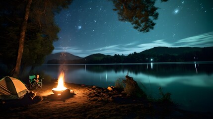 Wall Mural - Tranquil lakeside camping with a stunning view of the starry night