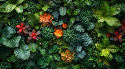 Wall Mural - This top-view tropical plants background transports you to a world of natural splendor, where towering palms and sprawling ferns converge in a riot of green.
