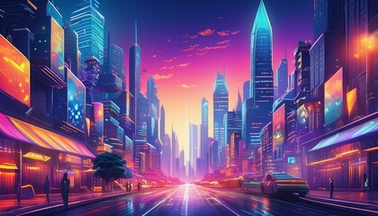 Wall Mural -  A vibrant cityscape at dusk, with bustling streets, glowing shop signs, and the silhouettes