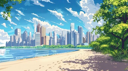 A landscape illustration of a prosperous beach city in summer, in the style of comics