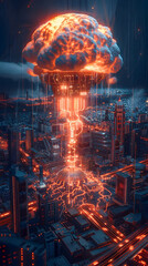 Poster - Neon-Soaked Technographic Mushroom Cloud Erupting from Interconnected Circuit Board in Futuristic Cityscape