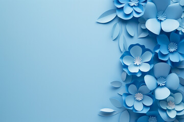 Wall Mural - Background of blue paper flowers with empty space for text or greeting card design. Postcard for International Women s Day and Mother s Day.


