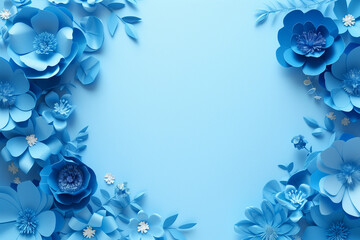 Wall Mural - Background of blue paper flowers with empty space for text or greeting card design. Postcard for International Women s Day and Mother s Day.



