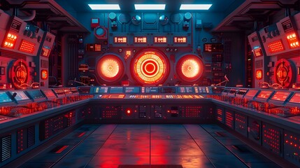 retro-styled atomic energy facility with glowing nuclear reactor chamber and neon-tinged control pan