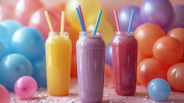 Rainbow Revelry: Balloons and Drinking Tubes Dance on Beige