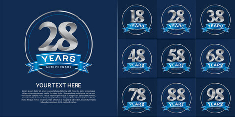 Wall Mural - anniversary logotype set vector, silver color with circle and blue ribbon for special day celebration