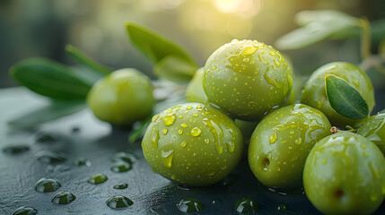 Fresh green olives, a natural food, with water drops on table