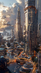 Wall Mural - Thriving Futuristic Metropolis with Towering Skyscrapers and Criss-Crossing Aerial Transportation