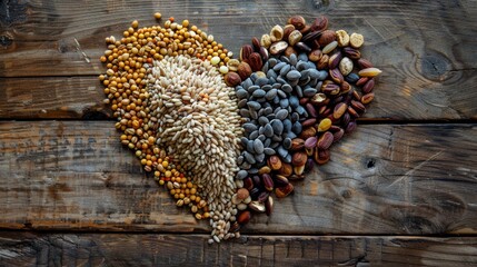 Wall Mural - heart shape mix grains whoewheat on a wooden background.