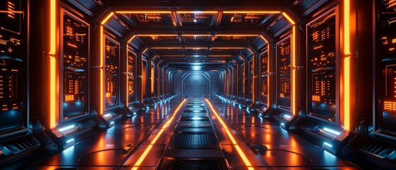 Sleek futuristic corridor with reflective capsules on both sides, glowing with intense orange lights, creating a high-tech, sterile environment