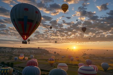 Wall Mural - A majestic hot air balloon rising above a field of colorful hot air balloons at dawn.