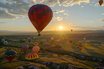 Wall Mural - A majestic hot air balloon rising above a field of colorful hot air balloons at dawn.