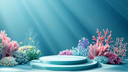 Wall Mural - round podium with colorful coral reef in the sea underwater background for display product