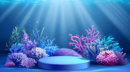 Wall Mural - round podium with colorful coral reef in the sea underwater background for display product