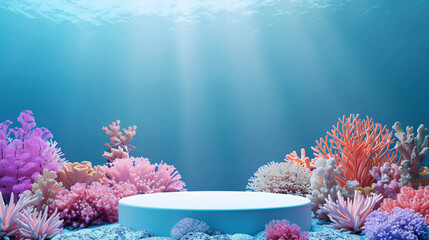 Wall Mural - round podium with colorful coral reef in the sea underwater background for display product