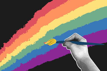 Wall Mural - Trendy halftone collage on dark background. Hand with a brush painting a rainbow. LGBT rights campaign Colorful rainbow.Vector flat illustration for poster, postcard, banner, sticker. Vector