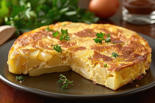 Savor the Tradition: Authentic Spanish Tortilla with Tender Potatoes and Onions in a Fluffy Egg Omelet with Parsley, Perfected in the Countryside of Andalusia.