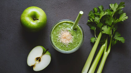 Wall Mural - creamy smoothie of green apple and celery, on charcoal background, product photography, top view