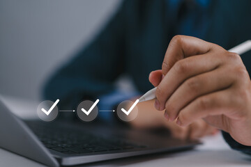 Poster - Questionnaire with checkboxes, businessman filling survey form online and answer questions of test survey form concept. Education futuristic technology and learning concept.