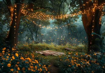 Wall Mural - A romantic forest clearing with a blanket spread out under a canopy of twinkling fairy lights, surrounded by trees and wildflowers. The serene setting is ideal for a dreamy.