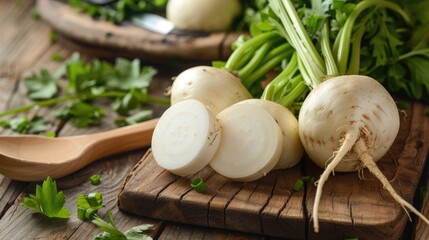 Wall Mural - Freshly cut white turnip on wooden table in home kitchen