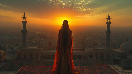 Wall Mural - silhouette of a Persian woman wearing traditional clothing against a backdrop of Iranian architecture